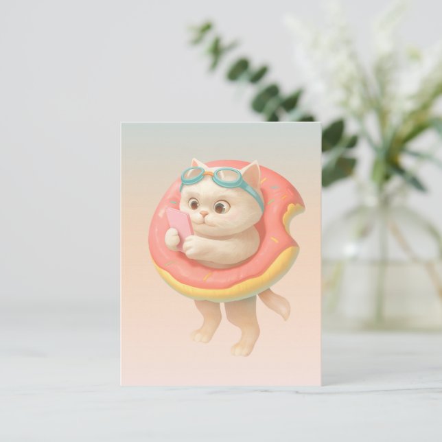 Cat on Donut Pool Float Announcement Postcard (Standing Front)