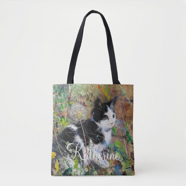 Cat on Flowerbed Tote Bag (Front)