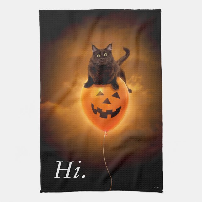 Cat on Halloween Balloon Tea Towel (Vertical)