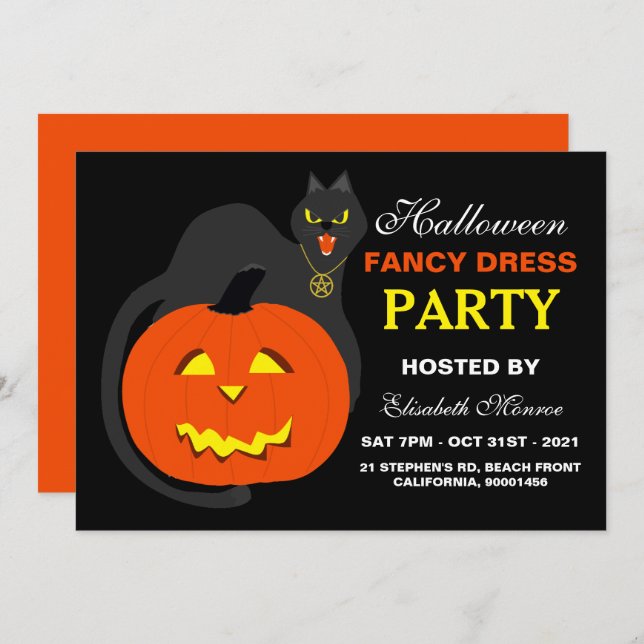 Cat on Pumpkin Halloween Fancy Dress Party Invitation (Front/Back)