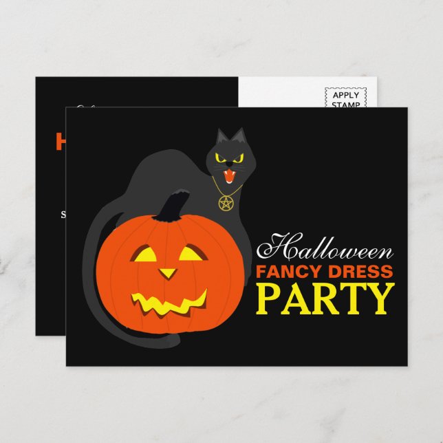 Cat on Pumpkin Halloween Fancy Dress Party Invite (Front/Back)