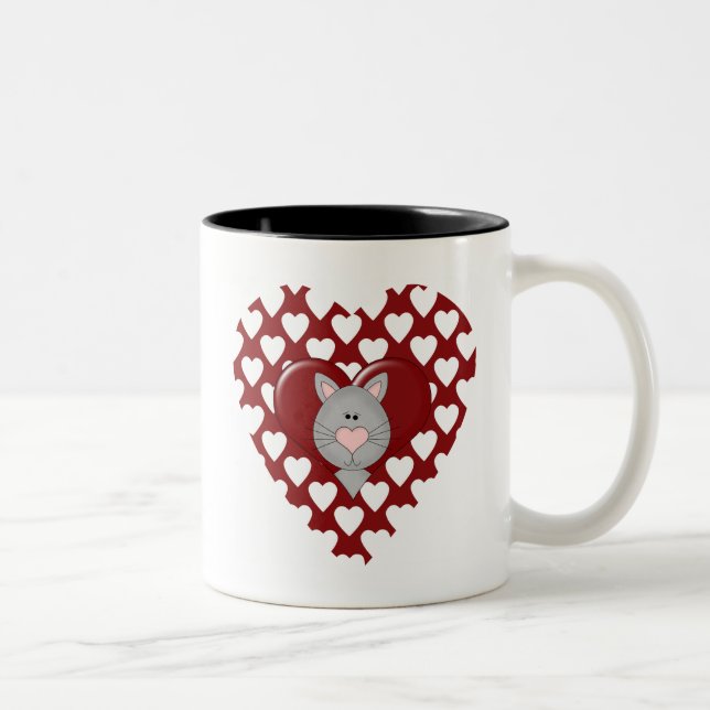 Cat on Red Heart Valentine T-shirts and Gifts Two-Tone Coffee Mug (Right)