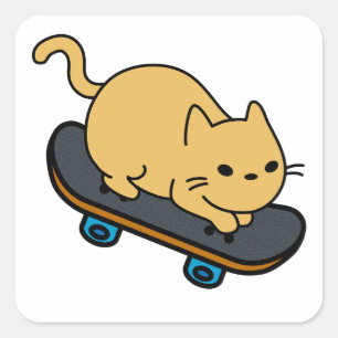 Cat on Skateboard Cartoon Kitten Skateboarder Square Sticker