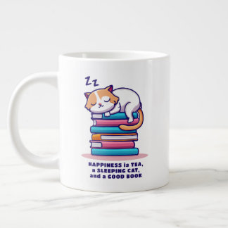 Cat on Stack of Books Cute Personalised Reader Tea Large Coffee Mug