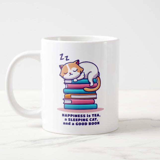 Cat on Stack of Books Cute Personalised Reader Tea Large Coffee Mug (Left)