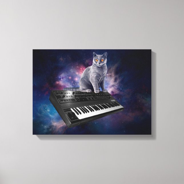 Cat on synthesizer in space canvas print (Front)