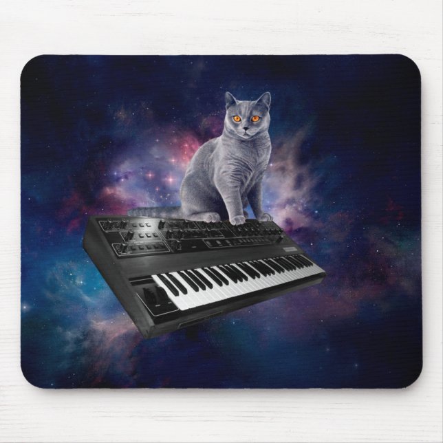 Cat on synthesizer in space mouse pad (Front)