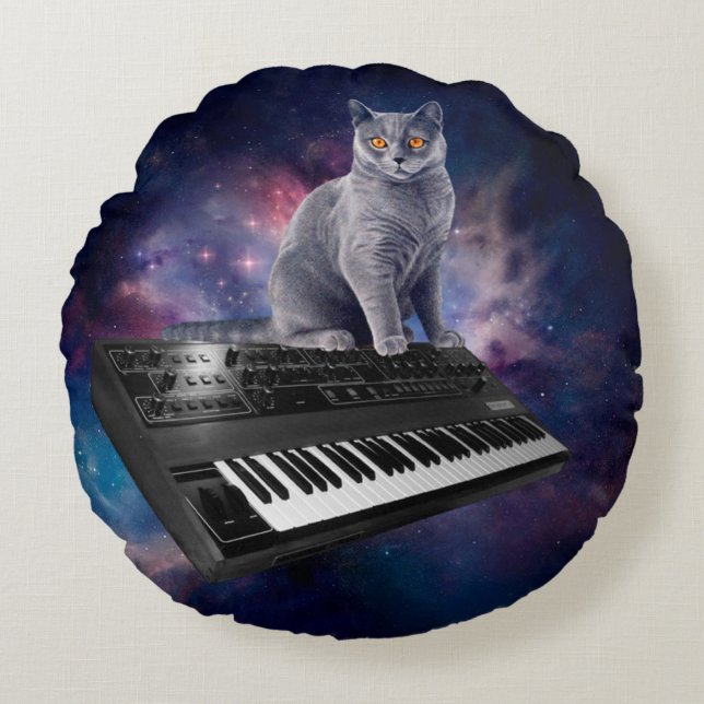 Cat on synthesizer in space round cushion (Front)