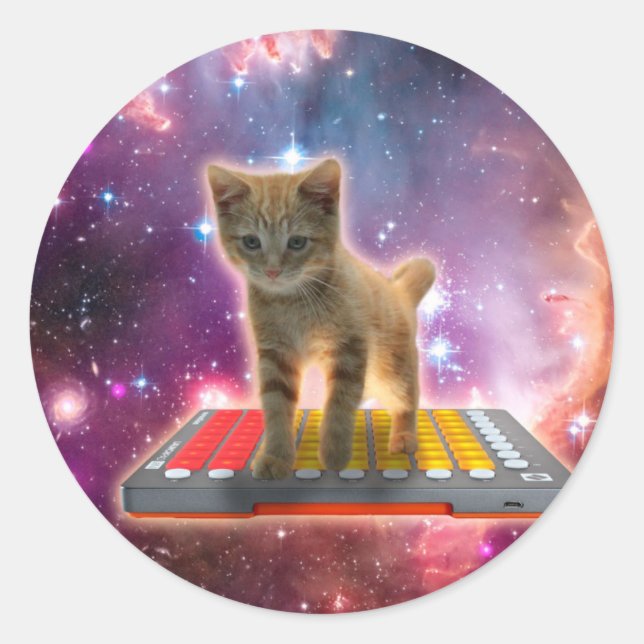 Cat on synthesizers in space classic round sticker (Front)