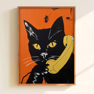 Cat On The Phone Retro Poster Funny Cat Print Vint