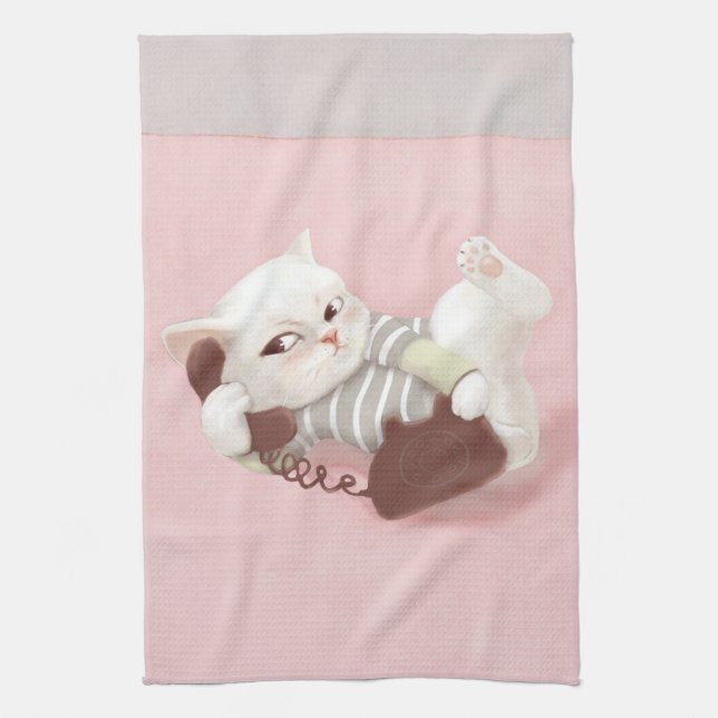 Cat on the Phone Tea Towel (Vertical)