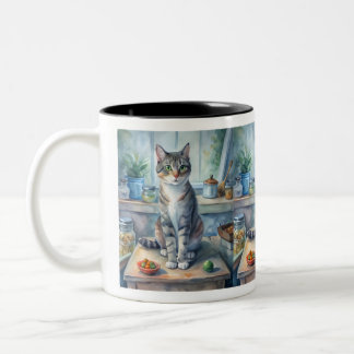 cat on the table Two-Tone coffee mug