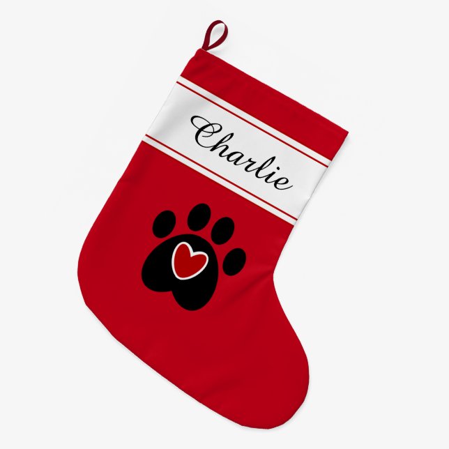 Cat or Dog Paw Print with a Red Heart Large Christmas Stocking (Front (Hanging))