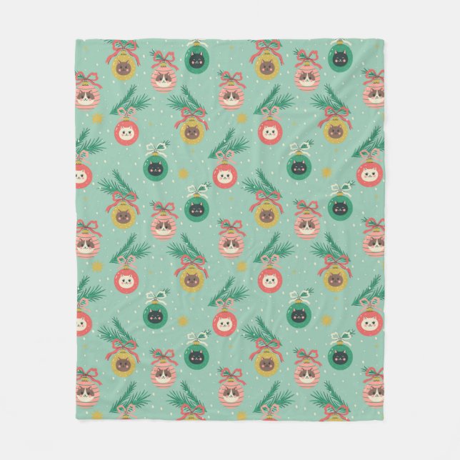 Cat Ornaments on Tree Pattern Fleece Blanket (Front)