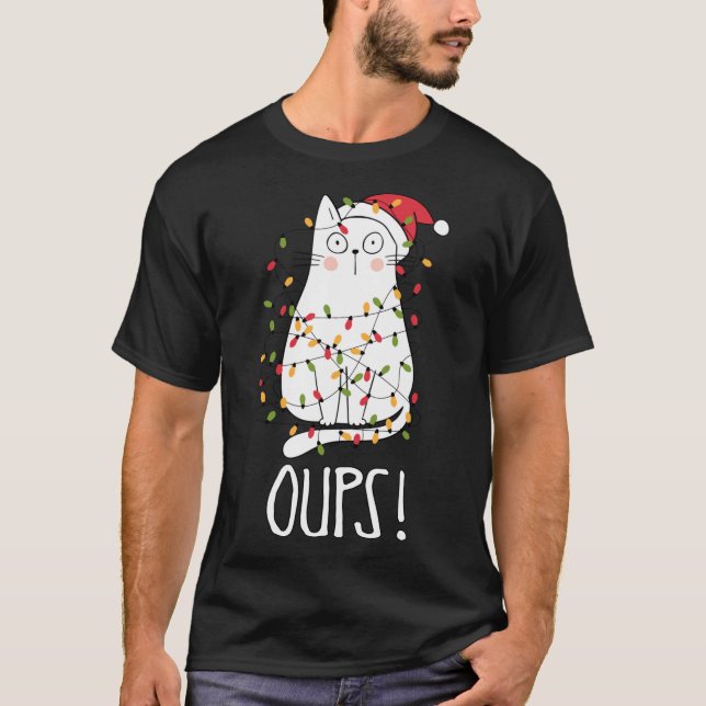 Cat Oups! White Cat Tangled Up In Christmas Tree L T-Shirt (Front)