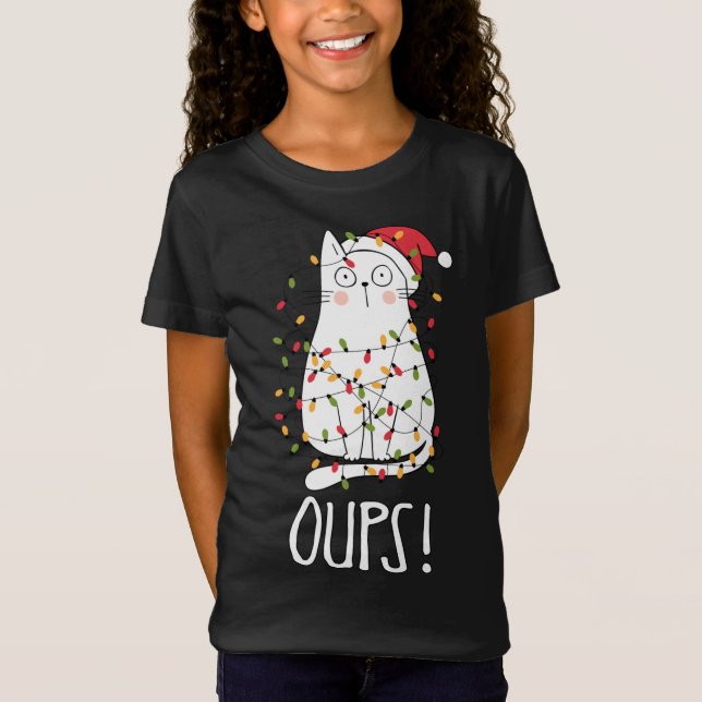 Cat Oups! White Cat Tangled Up In Christmas Tree L T-Shirt (Front)