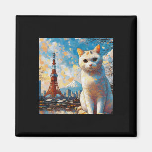 Cat Overlooking Tokyo Tower With Mount Fuji In The Magnet