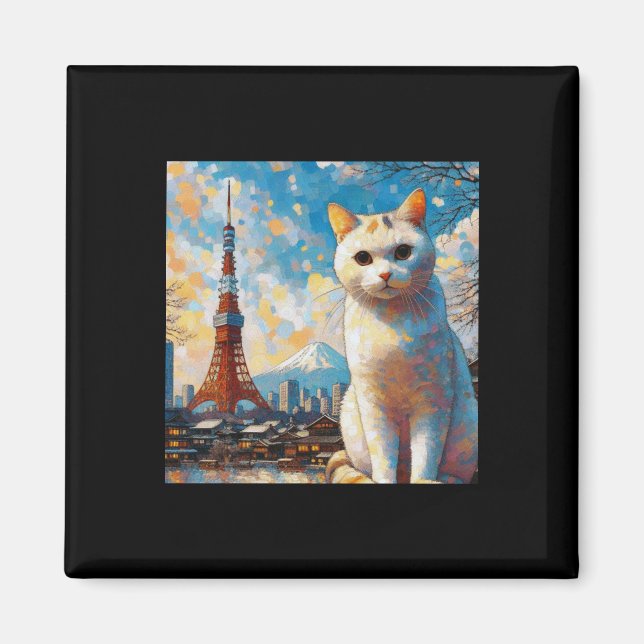 Cat Overlooking Tokyo Tower With Mount Fuji In The Magnet (Front)
