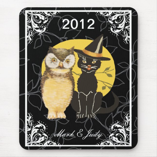 Cat & Owl Halloween Wedding Mouse Pad (Front)