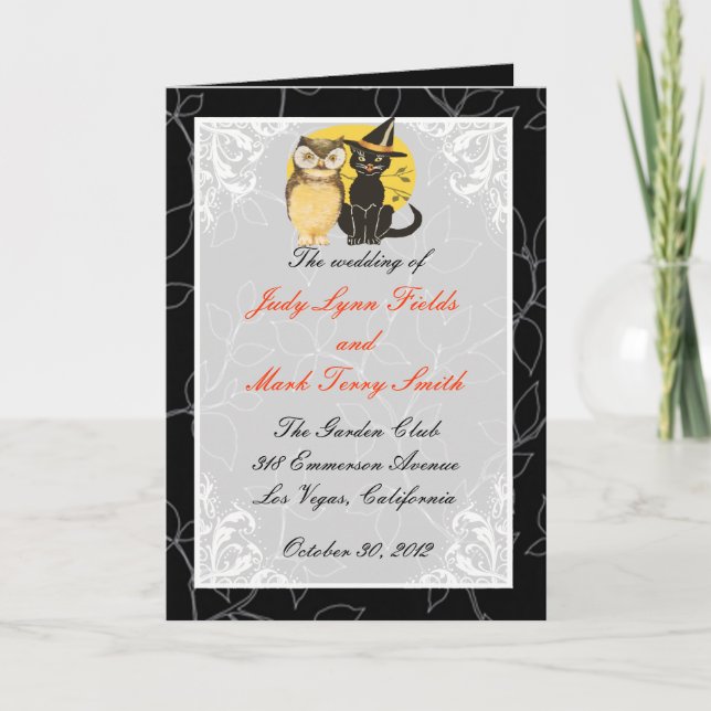 Cat & Owl Halloween Wedding Program Card (Front)