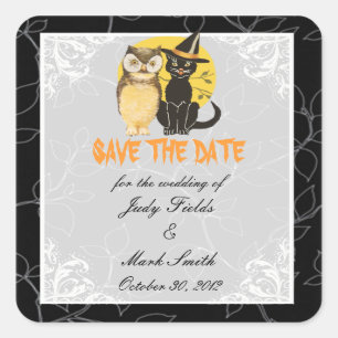 Cat & Owl Halloween Wedding Save The Date Stickers