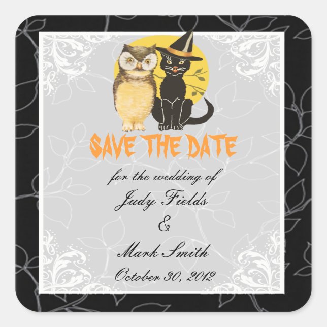 Cat & Owl Halloween Wedding Save The Date Stickers (Front)