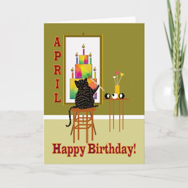 Cat Painting Birthday Cake APRIL Card (Front)