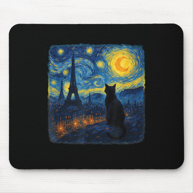 Cat Paris Eiffel Tower Starry Night Van Gogh Inspi Mouse Pad (Front)