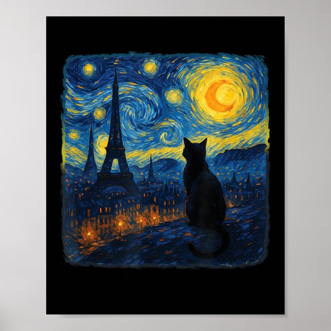 Cat Paris Eiffel Tower Starry Night Van Gogh Inspi Poster (Front)