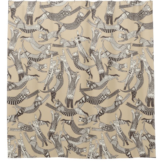 cat party beige natural shower curtain (Front)