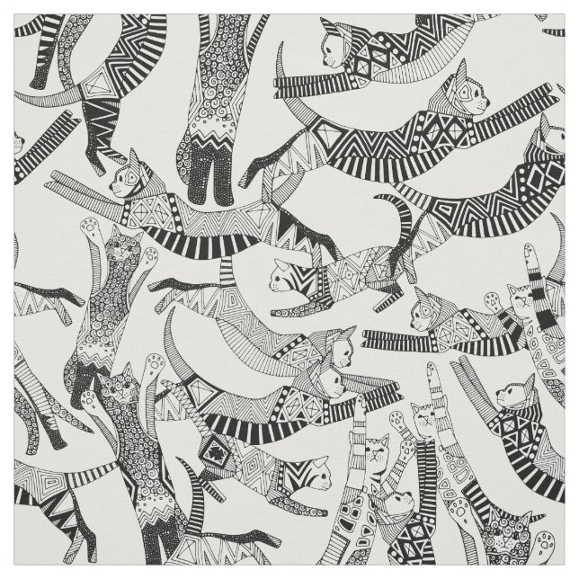 cat party black white fabric (Swatch)