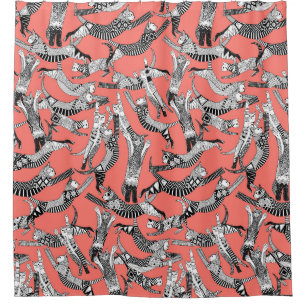 cat party blush coral shower curtain
