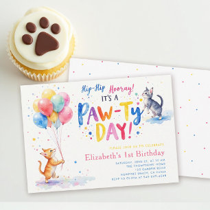 Cat Party Colorful Kittens Balloons 1st Birthday Invitation