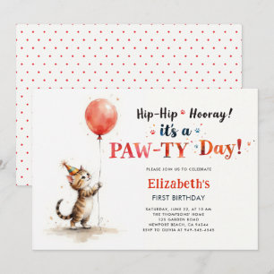 Cat Party Cute Kitten Red Balloon Kid 1st Birthday Invitation