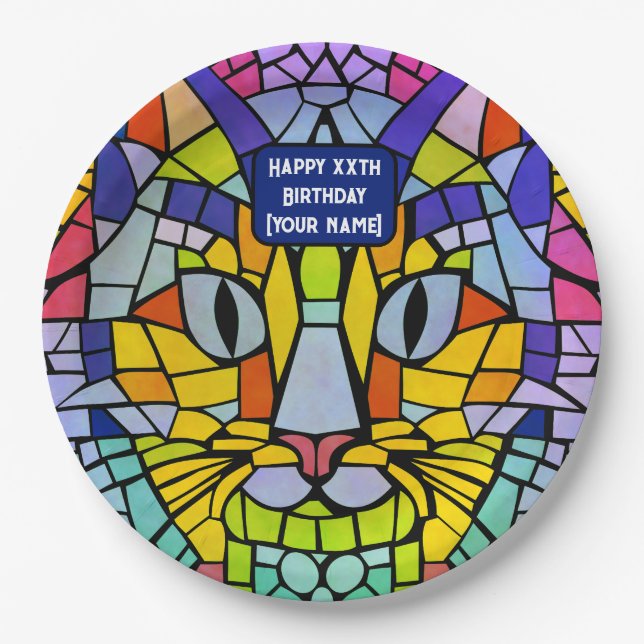Cat Party for Any Gender / Age - Cheerful Mosaic Paper Plate (Front)