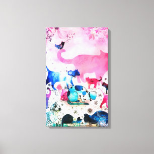 Cat Party House Glitter Art Pink Watercolor Canvas Print
