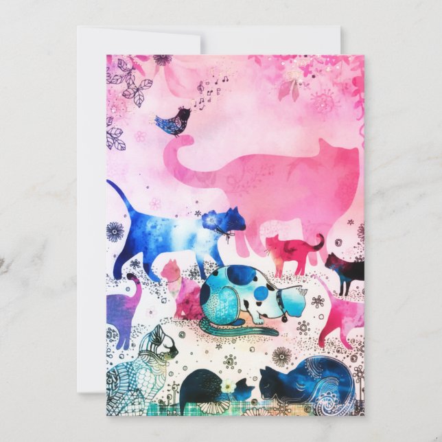 Cat Party House Glitter Art Pink Watercolor Holiday Card (Front)