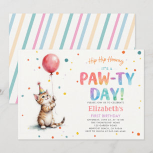 Cat Party Kitten Colourful Red Balloon 1st Birthda Invitation