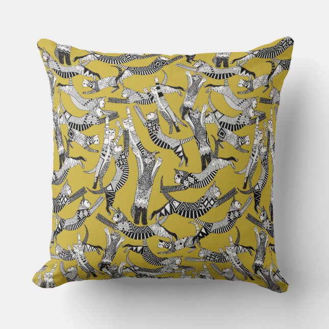 cat party ochre yellow cushion (Front)