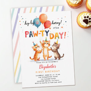 Cat Party Playful Kittens Balloons 1st Birthday Invitation