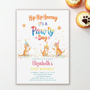 Cat Party Playful Kittens Kids Cute 1st Birthday Invitation