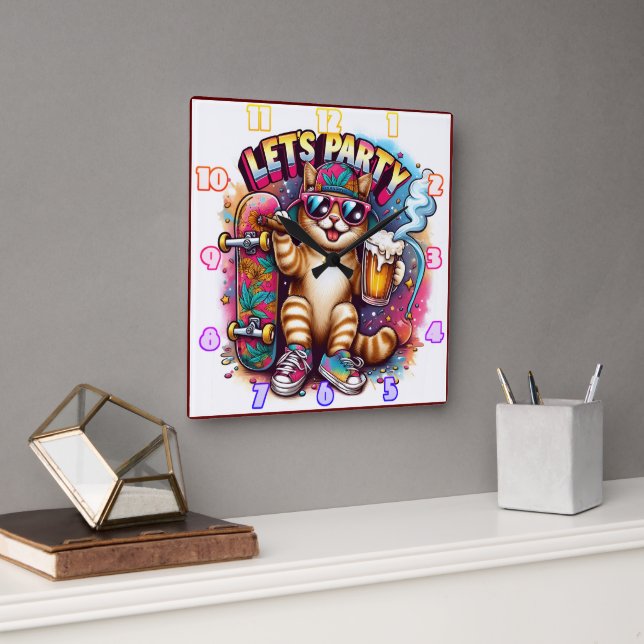 Cat partying with skateboard and drink square wall clock (Office)