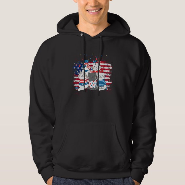 Cat Patriotic USA Flag Cat  Cat Moms 4th Of July Hoodie (Front)