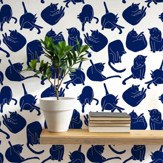 Cat Pattern Blue and White Wallpaper (Navy indigo blue and white cat wallpaper)