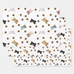 Cat Pattern, Kitty Faces & Paw Prints Wrapping Paper Sheet