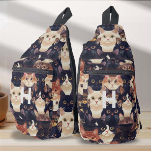 cat pattern, modern, monogram, cat sling bag
