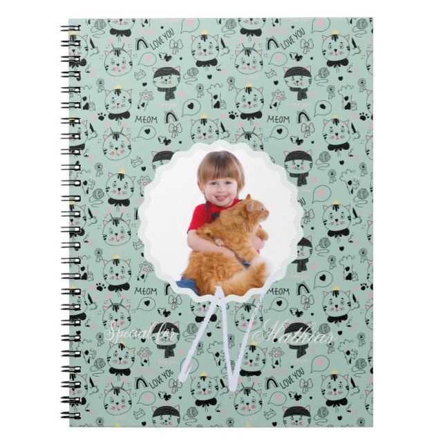 Cat Pattern Monogram Personalised Your Kids Photo Notebook (Front)