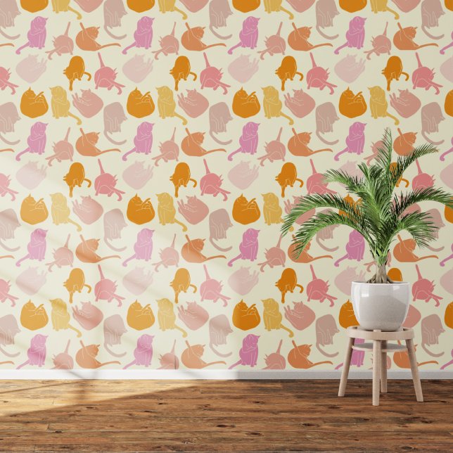 Cat Pattern Pink Cream Orange Wallpaper (Sleeping cats warm tones  art wallpaper)