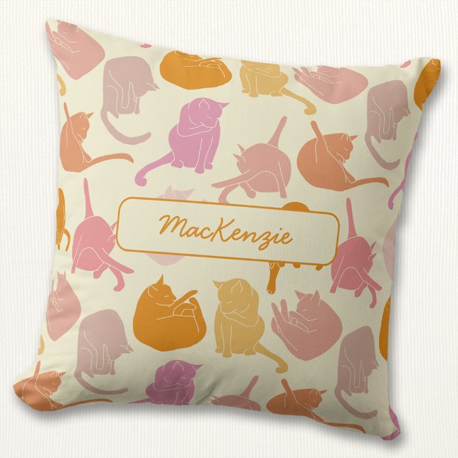 Cat Pattern Pink Orange Personalise Cushion (Creator Uploaded)