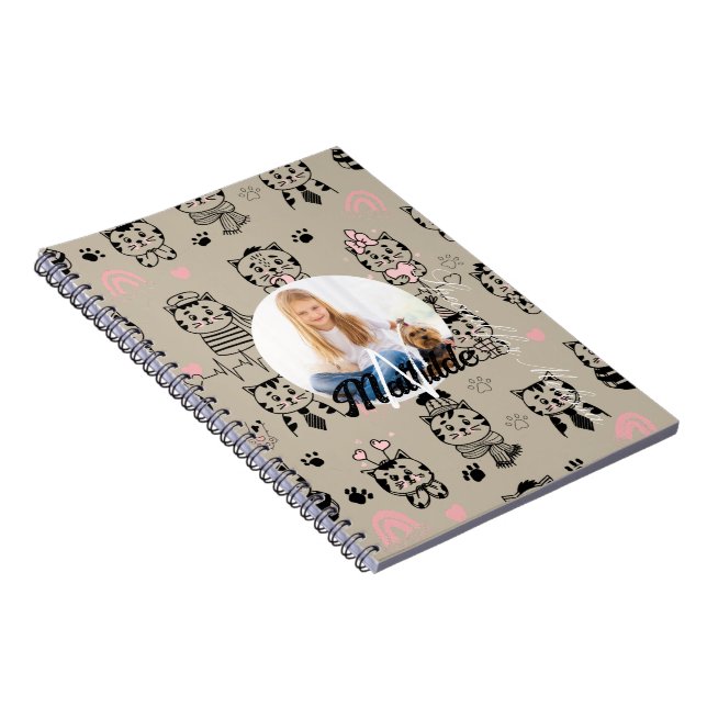Cat Patterns Monogram Kids Photo Name Personalised Notebook (Right Side)
